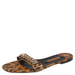 Pre Owned Gina Brown/Black Leopard Print Patent Leather Crystal Embellished Slip On Flat Slides Size 41