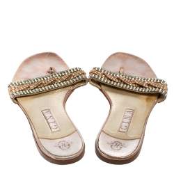 Pre Owned Gina Pink/Green Crystal Embellished Leather Athena Slide Flats Size 41