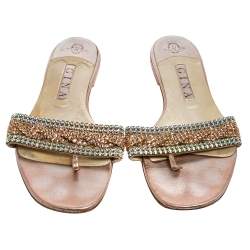 Pre Owned Gina Pink/Green Crystal Embellished Leather Athena Slide Flats Size 41