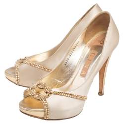 Pre Owned Gina Beige Satin And Leather Crystal Embellished Peep Toe Pumps Size 39