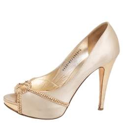Pre Owned Gina Beige Satin And Leather Crystal Embellished Peep Toe Pumps Size 39