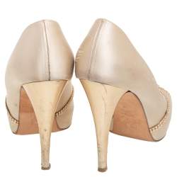 Pre Owned Gina Beige Satin And Leather Crystal Embellished Peep Toe Pumps Size 39