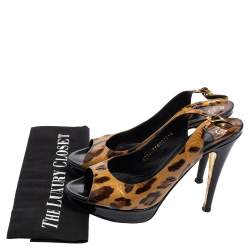 Gina Brown/Black Leopard Print Patent Leather Peep Toe Platform Slingback Sandals Size 39