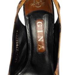 Gina Brown/Black Leopard Print Patent Leather Peep Toe Platform Slingback Sandals Size 39