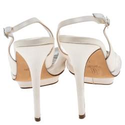 Pre Owned Gina White Satin Crystal Embellished Peep Toe Slingback Sandals Size 40