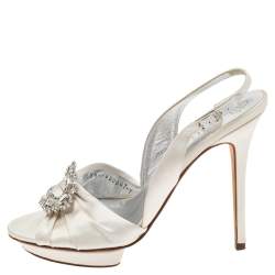 Pre Owned Gina White Satin Crystal Embellished Peep Toe Slingback Sandals Size 40