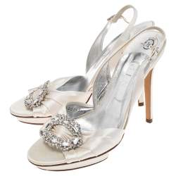 Pre Owned Gina White Satin Crystal Embellished Peep Toe Slingback Sandals Size 40