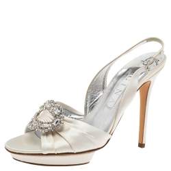 Pre Owned Gina White Satin Crystal Embellished Peep Toe Slingback Sandals Size 40