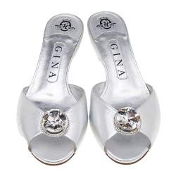 Pre Owned Gina Silver Leather Crystal Embellished Sandals Size 37.5