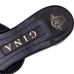 Pre Owned صندل سلايد فلات جينا جلد أسود مزخرف كريستال مقاس 37.5