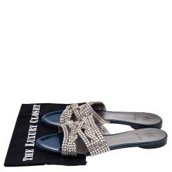 Pre Owned صندل سلايد جينا جلد أزرق مزخرف كريستال مقاس 41