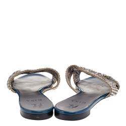 Pre Owned صندل سلايد جينا جلد أزرق مزخرف كريستال مقاس 41