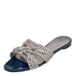 Pre Owned صندل سلايد جينا جلد أزرق مزخرف كريستال مقاس 41