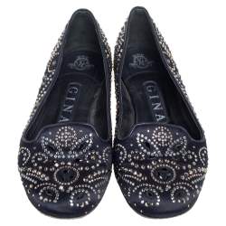 Gina Black Satin Studded Ballet Flats Size 36.5