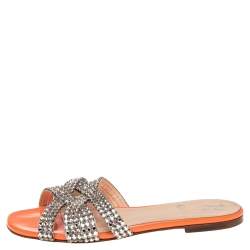 Pre Owned حذاء سلايد فلات جينا جلد برتقالي لامع مرصع كريستال مقاس 37