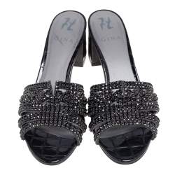 مملوكة مسبقًا صندل سلايد جينا لورين جلد نقشة التمساح أسود مزخرف كريستال مقاس 39.5