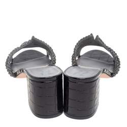 مملوكة مسبقًا صندل سلايد جينا لورين جلد نقشة التمساح أسود مزخرف كريستال مقاس 39.5