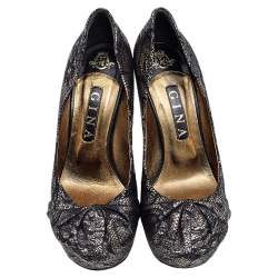 Gina Black/Gold Lace and Leather Platform Pumps Size 40