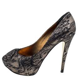 Gina Black/Gold Lace and Leather Platform Pumps Size 40