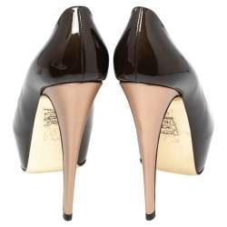 Pre Owned حذاء كعب عالي جينا نعل سميك مقدمة مفتوحة جلد لامع بني مقاس 37.5