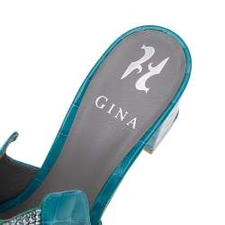 مملوكة مسبقًا Gina Blue Crystal Embellished Croc Embossed Patent Leather Block Heel Slides Size 38.5