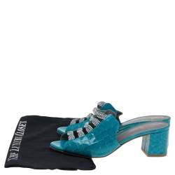 مملوكة مسبقًا Gina Blue Crystal Embellished Croc Embossed Patent Leather Block Heel Slides Size 38.5