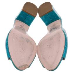 مملوكة مسبقًا Gina Blue Crystal Embellished Croc Embossed Patent Leather Block Heel Slides Size 38.5