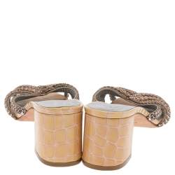 Pre Owned Gina Beige Croc Embossed Patent Leather Dexie Block Heel Slide Sandals Size 40