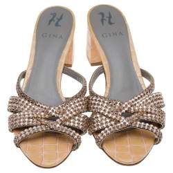 Pre Owned Gina Beige Croc Embossed Patent Leather Dexie Block Heel Slide Sandals Size 40