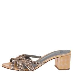 Pre Owned Gina Beige Croc Embossed Patent Leather Dexie Block Heel Slide Sandals Size 40