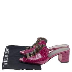 مملوكة مسبقًا Gina Pink Croc Embossed Patent Leather Embellished Rodeo Block Heel Slides Size 38.5