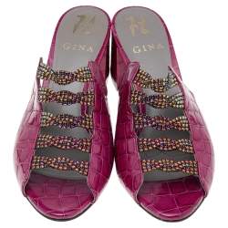 مملوكة مسبقًا Gina Pink Croc Embossed Patent Leather Embellished Rodeo Block Heel Slides Size 38.5