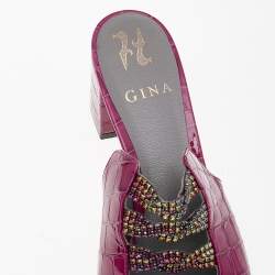 مملوكة مسبقًا Gina Pink Croc Embossed Patent Leather Embellished Rodeo Block Heel Slides Size 38.5