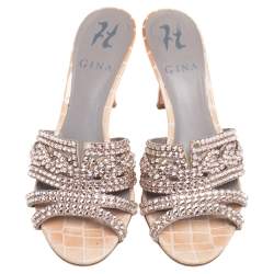 مملوكة مسبقًا Gina Rose Gold Croc Embossed Leather Crystal Embellished Slide Sandals Size 37