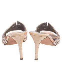 مملوكة مسبقًا Gina Rose Gold Croc Embossed Leather Crystal Embellished Slide Sandals Size 37