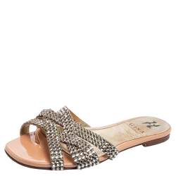 Pre Owned Gina Beige Leather Crystal Embellished Slide Sandals Size 38