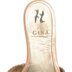 Pre Owned Gina Beige Leather Crystal Embellished Slide Sandals Size 38