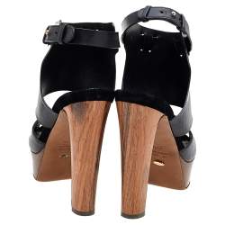 Gina Black Leather Open Toe Platform Pumps Size 37.5