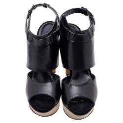 Gina Black Leather Open Toe Platform Pumps Size 37.5