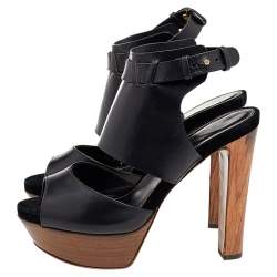 Gina Black Leather Open Toe Platform Pumps Size 37.5