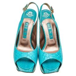 Gina Blue Python Peep Toe Platform Slingback Sandals Size 38.5