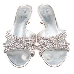 Gina Silver Leather Crystal Embellished Rodeo Block Heel Slides Size 38