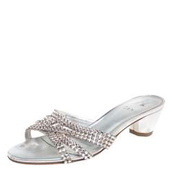 Gina Silver Leather Crystal Embellished Rodeo Block Heel Slides Size 38