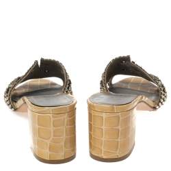 Pre Owned Gina Beige Croc Embossed Leather Crystal Embellished Loren Slide Sandals Size 38