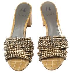 Pre Owned Gina Beige Croc Embossed Leather Crystal Embellished Loren Slide Sandals Size 38