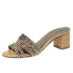 Pre Owned Gina Beige Croc Embossed Leather Crystal Embellished Loren Slide Sandals Size 38