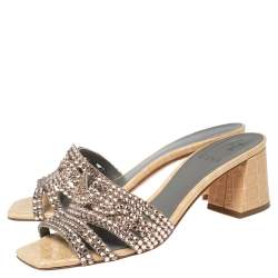 Pre Owned صندل سلايد جينا لورين جلد مزخرف كريستالات بيج مقاس 38