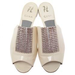 Gina Cream Patent Leather Crystal Embellished Slide Sandals Size 39