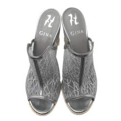 Pre Owned صندل جينا إسبادريل شبك غليتر فضي كعب روكي نعل سميك مقاس 38