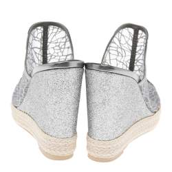 Pre Owned صندل جينا إسبادريل شبك غليتر فضي كعب روكي نعل سميك مقاس 38